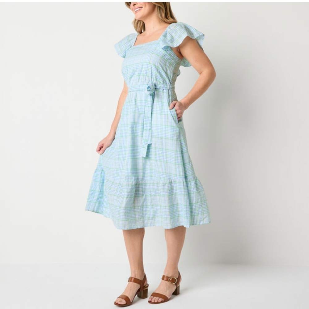 St. John's Bay SquareNeck Midi Oversized Plaid Romantic Dress Pockets Cotton XL